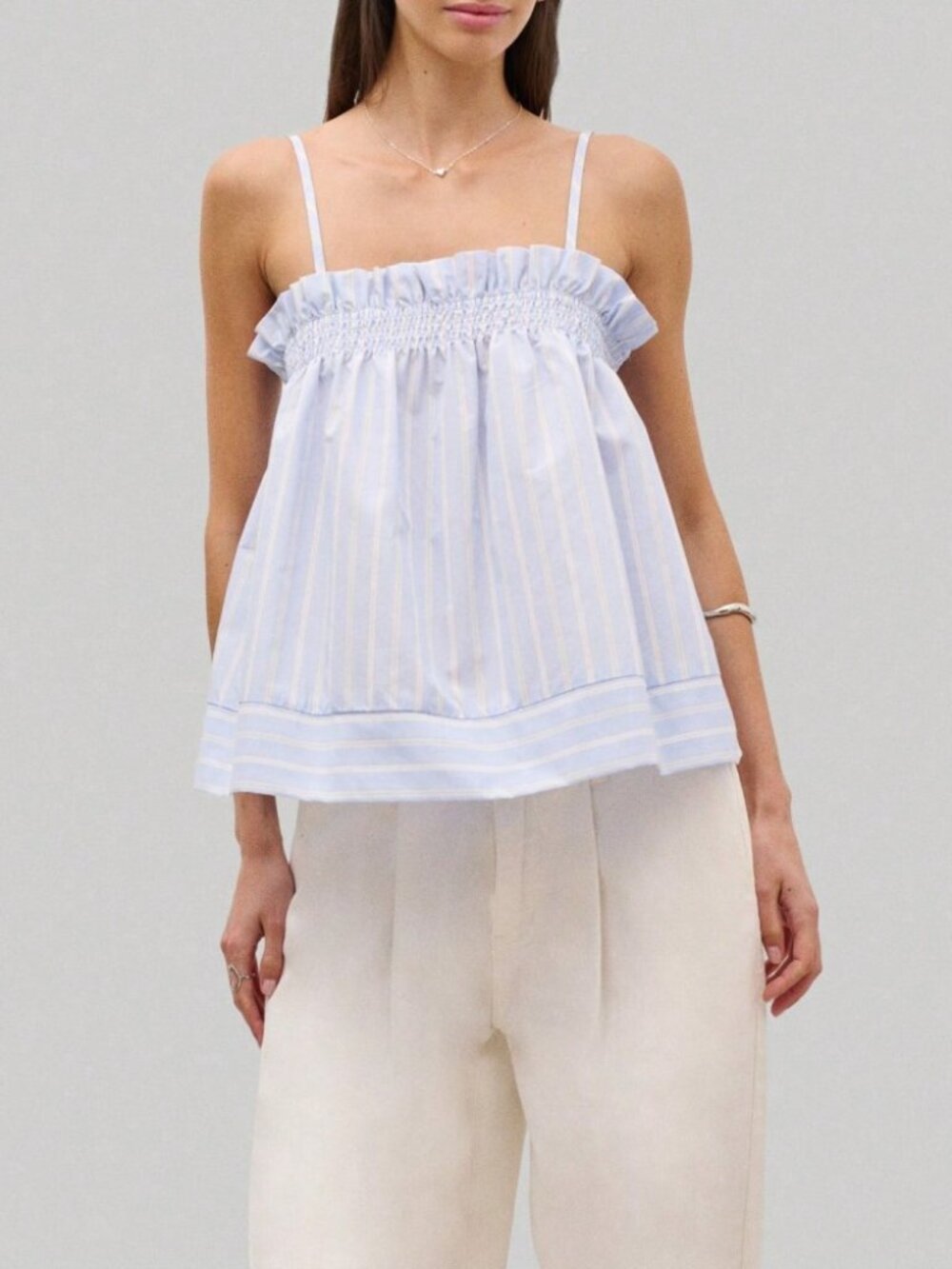 Light Blue Striped Ruffle Smocked Spaghetti Strap Top
